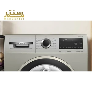 کنترل پنل ماشین لباسشویی بوش سری ۴ با نمایشگر دیجیتال، دکمه‌های تنظیم برنامه‌های مختلف شستشو و قابلیت بخاردهی، مناسب برای شستشوی کارآمد و آسان لباس‌ها.