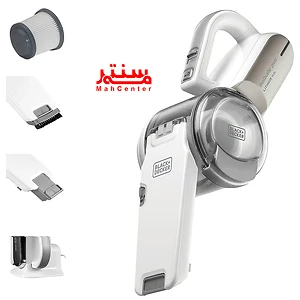 تصویر جارو شارژی بلک پلاس دکر PV1420L در حال تمیز کردن مبلمان با برس متصل به نازل.