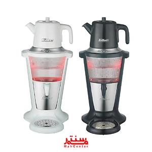 نمای نزدیک از سماور برقی فلر TS301 سفید با قوری چینی 1 لیتری و طراحی مدرن.