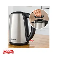 تصویر یک چای‌ساز برقی بوش با بدنه فلزی و قوری شیشه‌ای روی کتری را نشان می‌دهد. - دوم